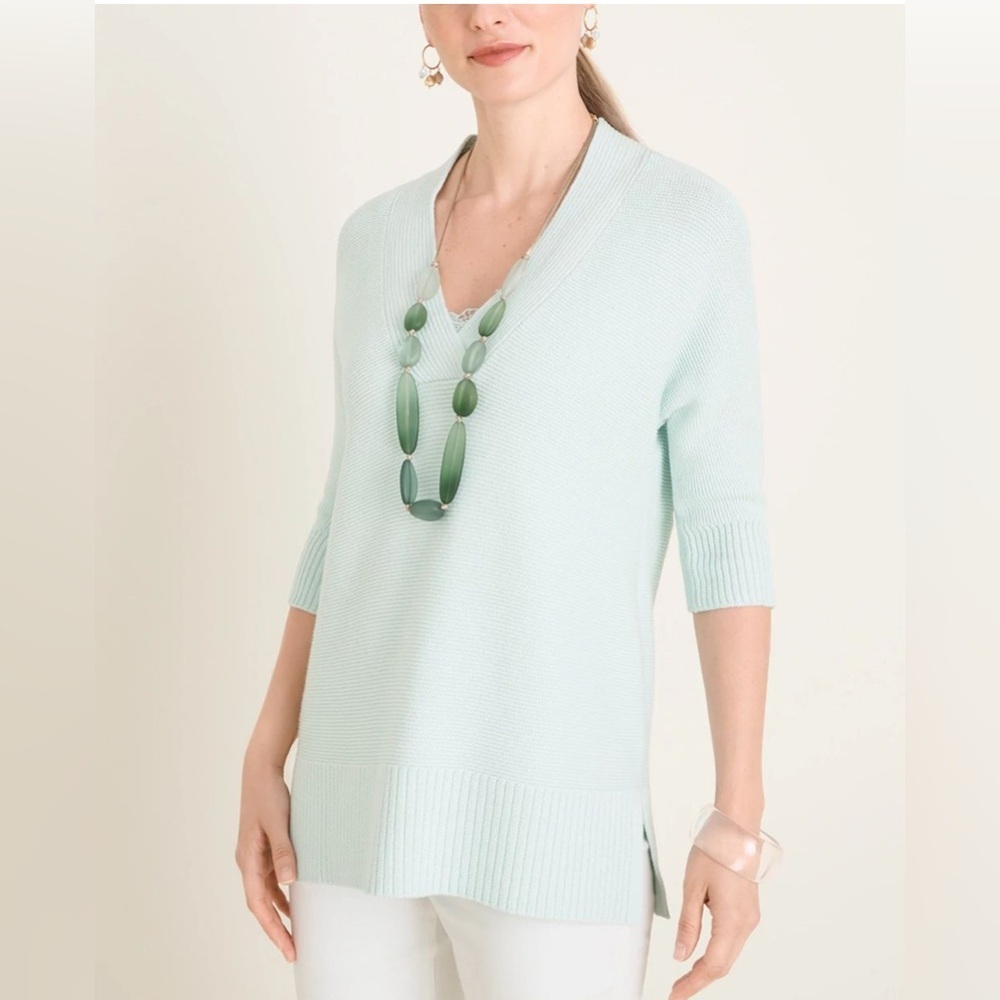 Chico’s Aqua Mint Green V Neck Dolman Half Sleeves Pullover Sweater 100% Cotton